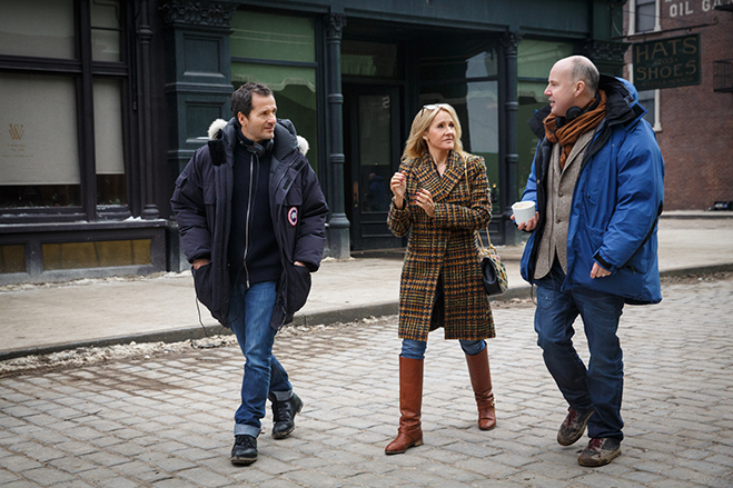 Producer David Heyman, writer/creator J.K. Rowling and director David Yates on the lot during the filming of Fantastic Beasts and Where to Find Them.