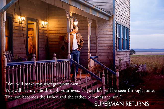 Brandon Routh as Clark standing on porch of family farm looking out onto field at dusk