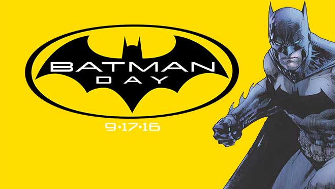 Batman Day logo with comic book Batman on yellow background