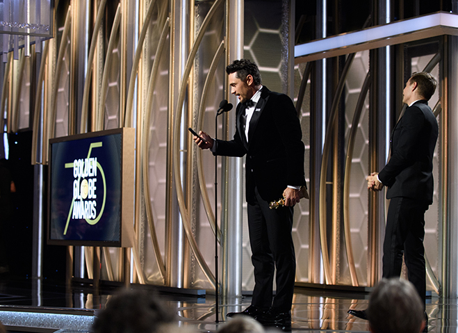 James Franco accepts the Golden Globe Award for BEST PERFORMANCE BY AN ACTOR IN A MOTION PICTURE – COMEDY OR MUSICAL for his role in "The Disaster Artist" at the 75th Annual Golden Globe Awards at the Beverly Hilton in Beverly Hills, CA on Sunday, January