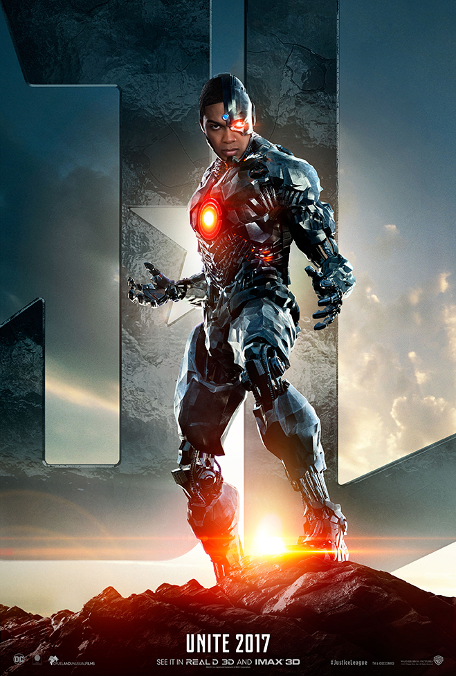 Cyborg standing in front of JL logo