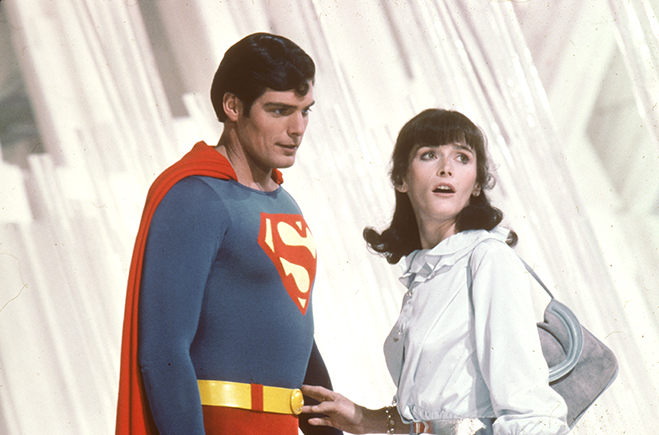 Medium shot of Christopher Reeve as Superman and Margot Kidder as Lois Lane inside Fortress of Solitude.