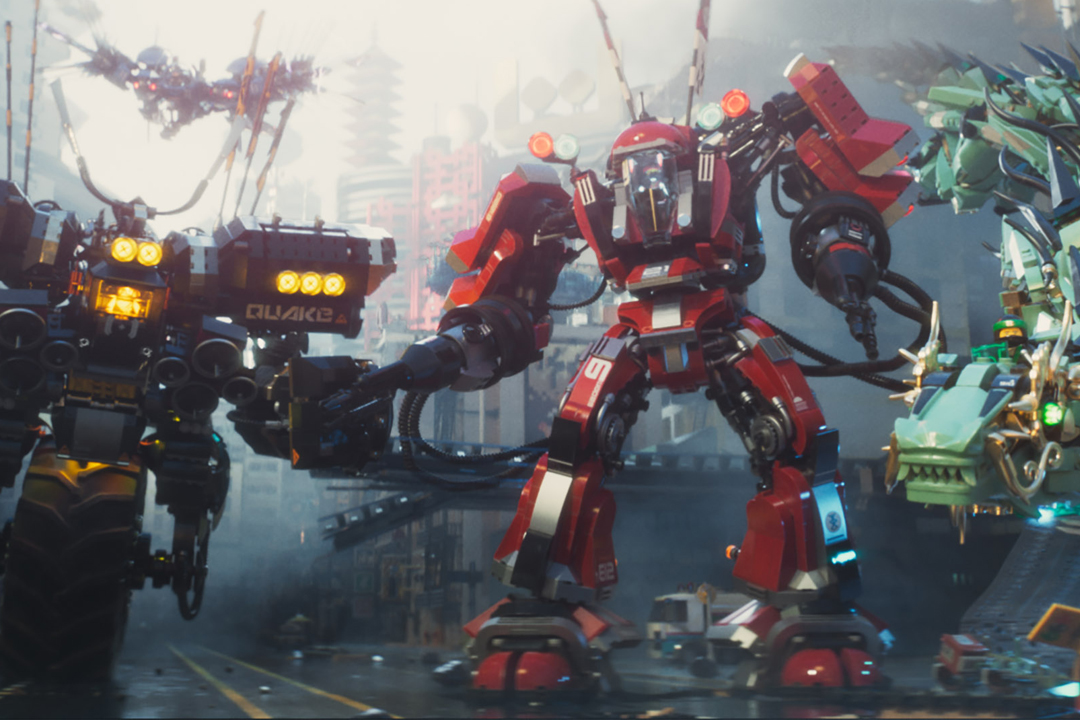 (L-R) Cole (voiced by FRED ARMISEN) in the Quake Mech, Kai (voiced by MICHAEL PEÑA) in the Fire Mech and Lloyd (voiced by DAVE FRANCO) in the Green Ninja Mech Dragon in the new animated adventure "THE LEGO® NINJAGO® MOVIE," from Warner Bros. Pictures and 